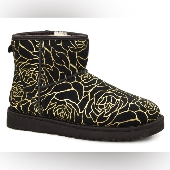 UGG Shoes - UGG Classic Mini Boots Black with Gold Roses – Size 6 NWOT